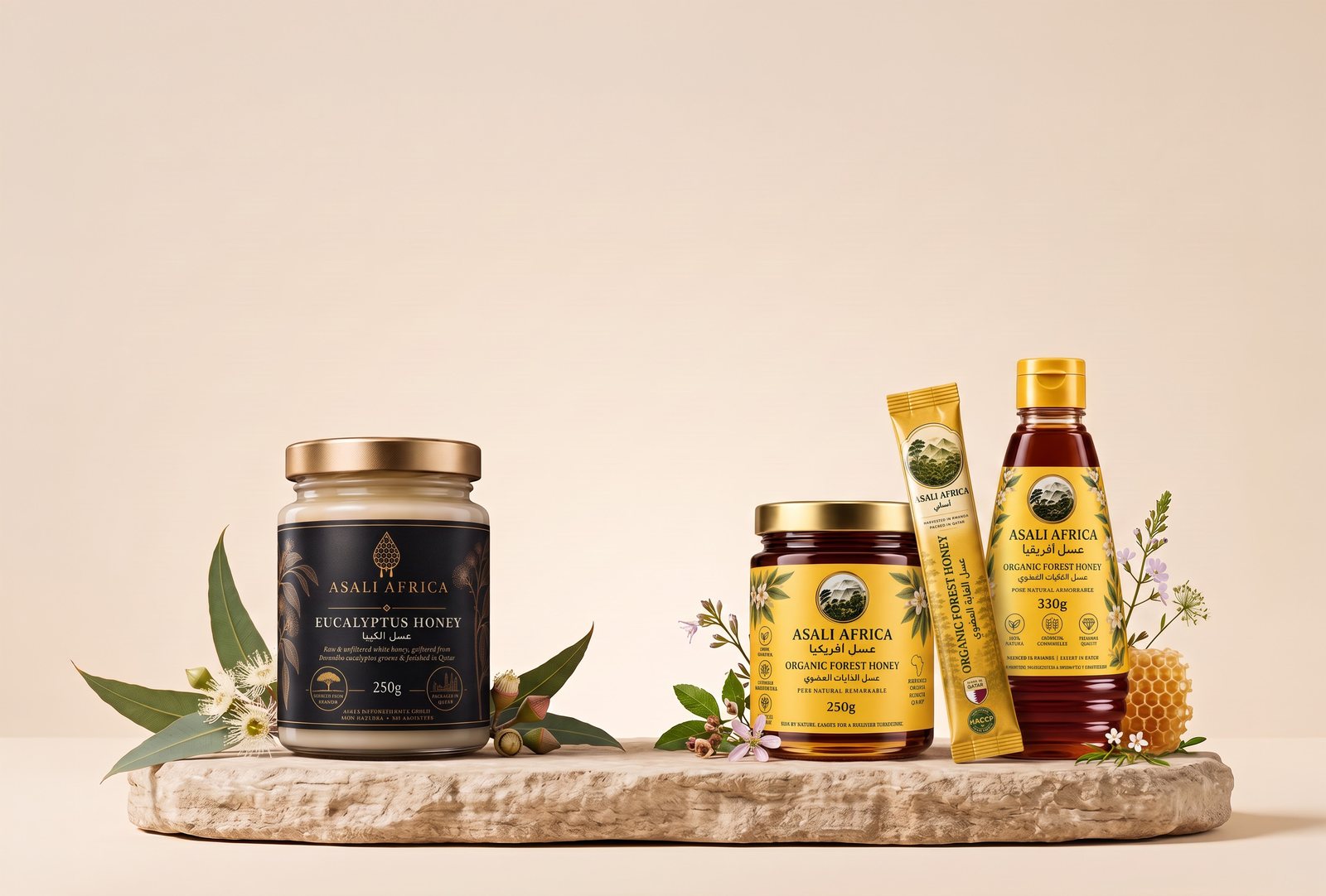 Asali Africa Eucalyptus Honey jar, Organic Forest Honey jar, sachet and squeeze bottle arranged on a stone slab