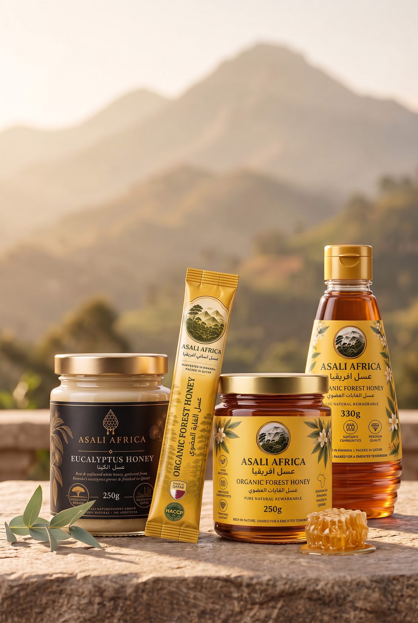 Asali Africa Eucalyptus and Organic Forest Honey jars with the hills of Rwanda in the background