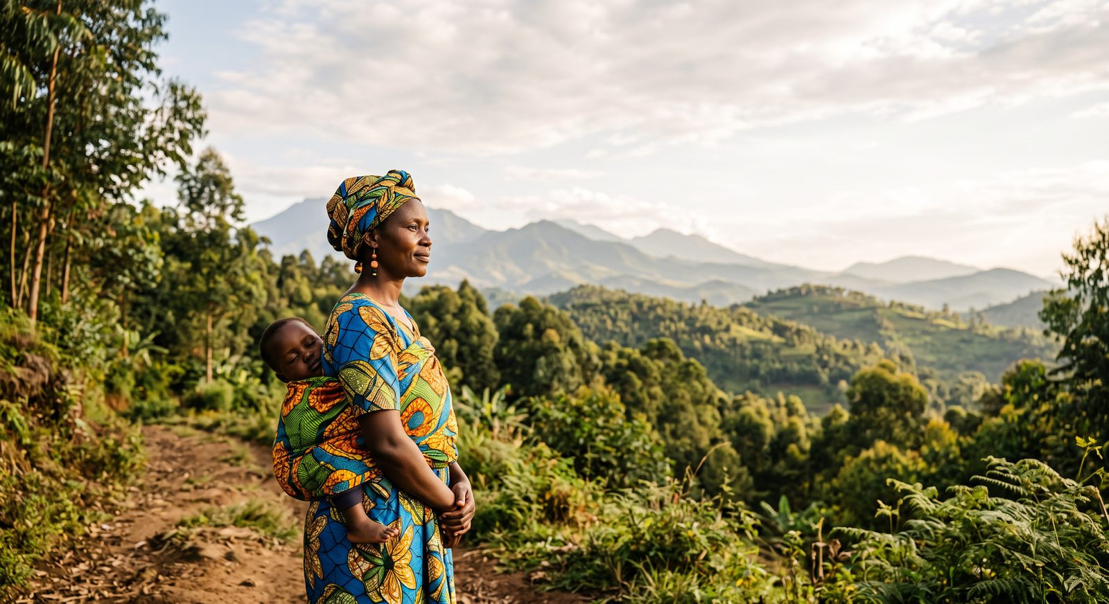 A mother and child on a hillside path in Rwanda